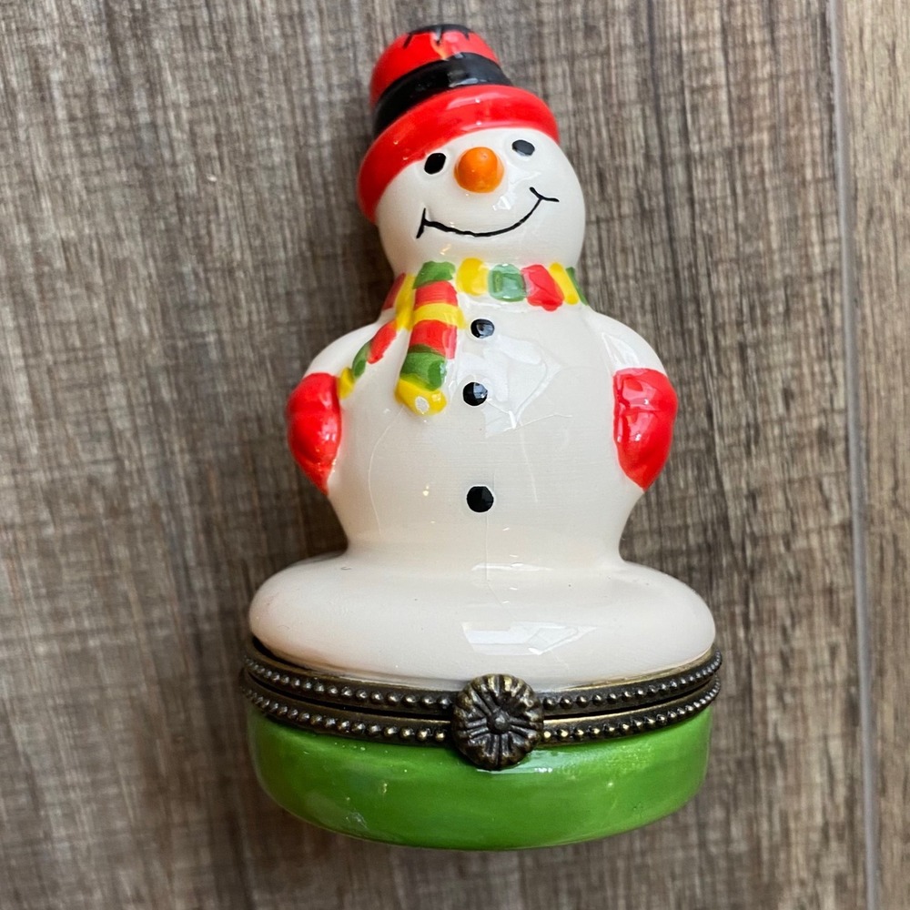 Magnifique Artform Snowman Trinket Box Hand Painted Ceramic Holiday Decor 3.25in